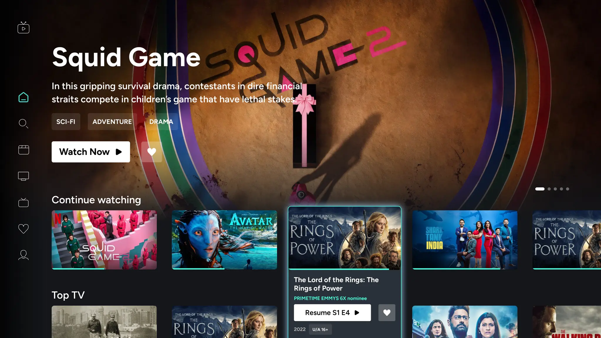 CAASTV TV App home screen with featured content rails