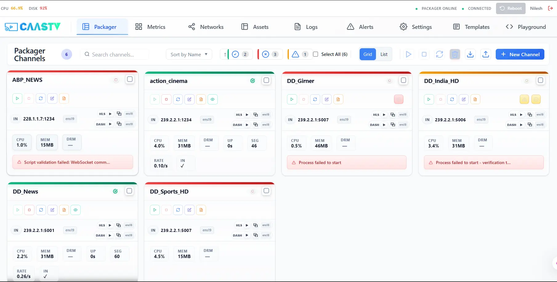 CAASTV Root packager dashboard with channel management